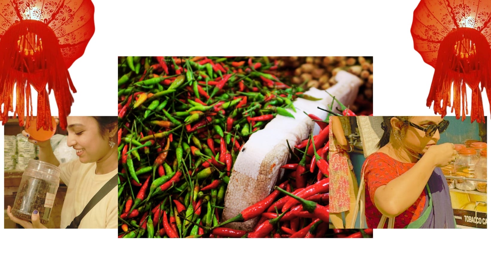 A collage of images. One photo in the middle shows a pile of green and red chillis.
